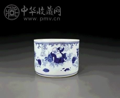 清康熙 青花六子闹弥勒图笔筒