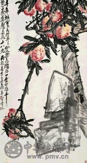 吴昌硕 1916年作 桃寿千年图 立轴 设色纸本