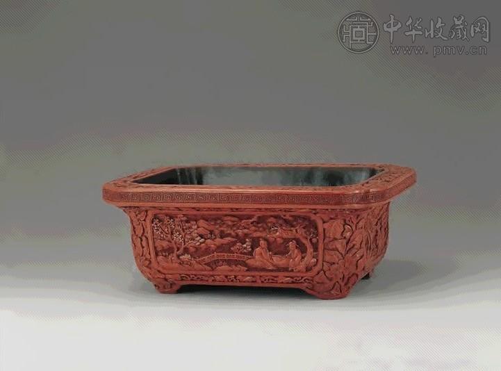 清中期 雕漆开光山水人物长方盆