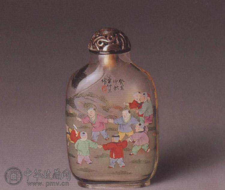 民国 叶仲三内画玻璃婴戏图鼻烟壶