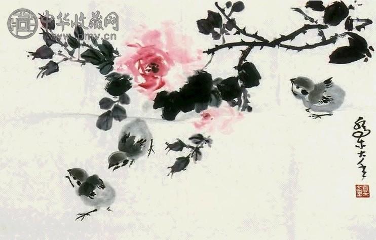 乔木 小鸡 镜心 纸本