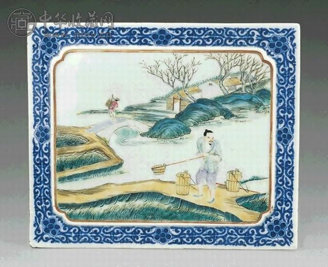 清道光 青花加粉彩农耕图小瓷板