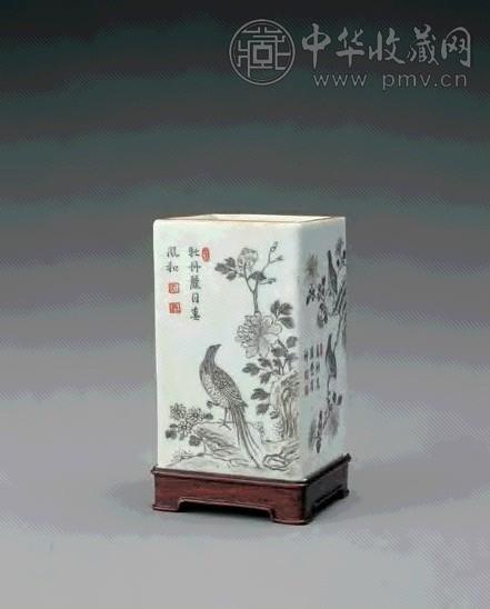 清乾隆 墨彩花鸟图小笔筒