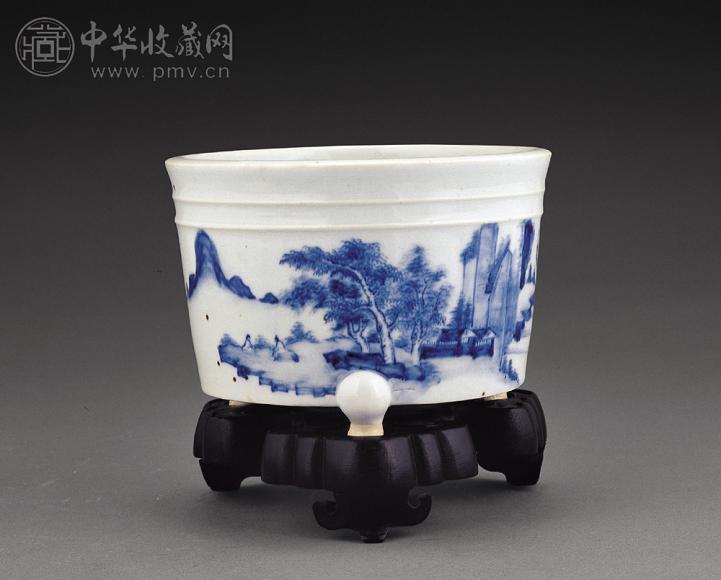 清中期 青花山水人物三足炉