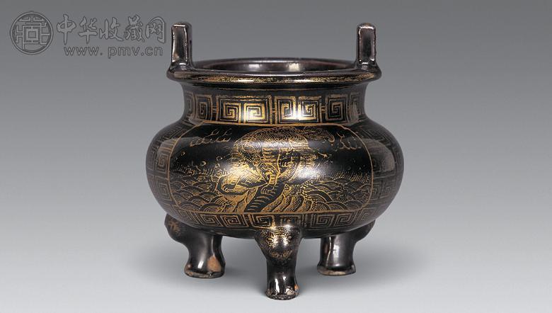 清中期 乌金釉描金麒鳞纹香炉