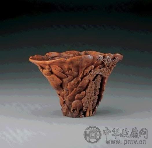 清初 犀角雕山水动物圆杯