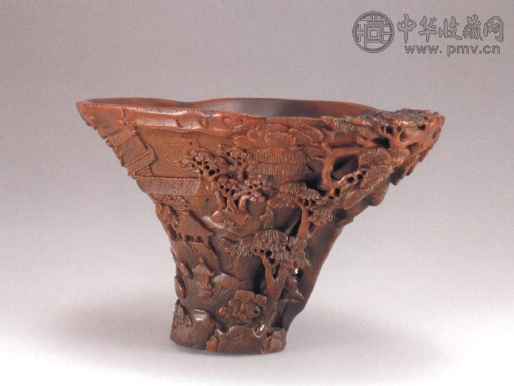 清早期 犀角雕亭台楼阁杯