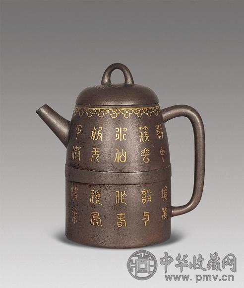 民国 紫砂描金诗文壶