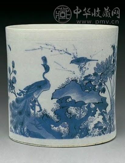 清顺治 青花孔雀纹笔筒