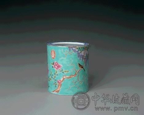 清光绪 绿地粉彩花鸟图笔筒