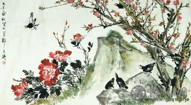 王雪涛 现代 牡丹八哥 镜心