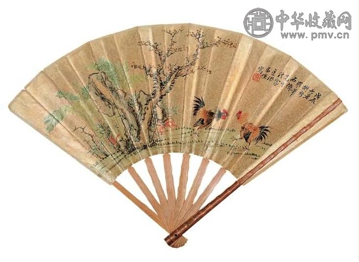 徐谦 戊辰(1928年)作 斗鸡图 成扇 设色纸本