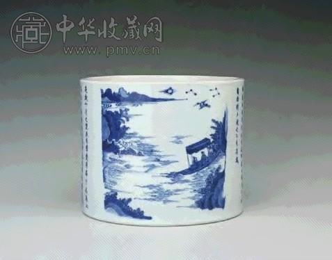 清康熙 青花后赤壁赋图文笔筒
