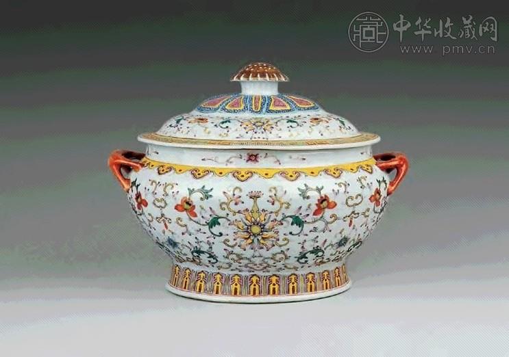 民国 粉彩花卉双耳盖盆