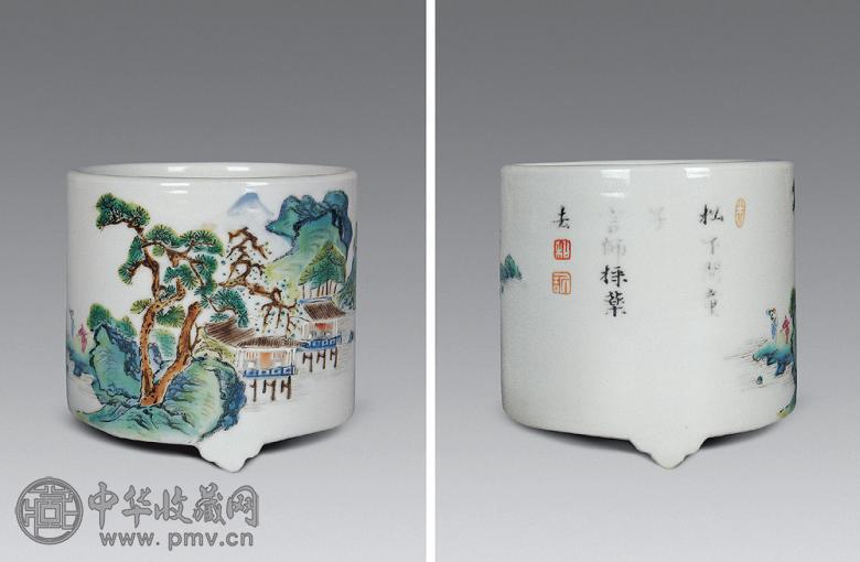 清雍正 粉彩山水三足小炉