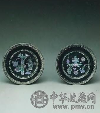 清中期 黑漆嵌螺钿博古纹小盘(1对)