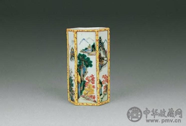 清光绪 粉彩山水虎皮彩六方笔筒
