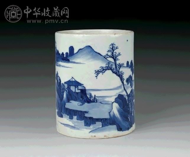 清雍正 青花山水笔筒