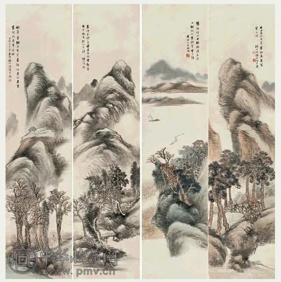 杨伯润 山水 四屏 设色纸本