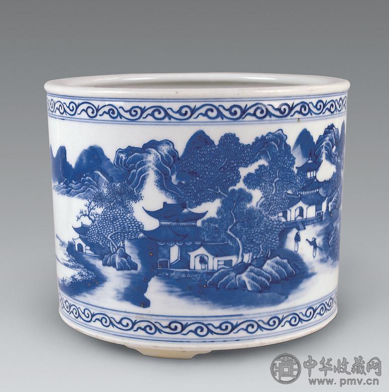 清 青花山水人物纹三足炉