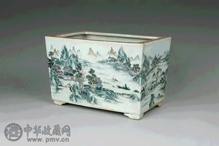 民国 粉彩山水方花盆