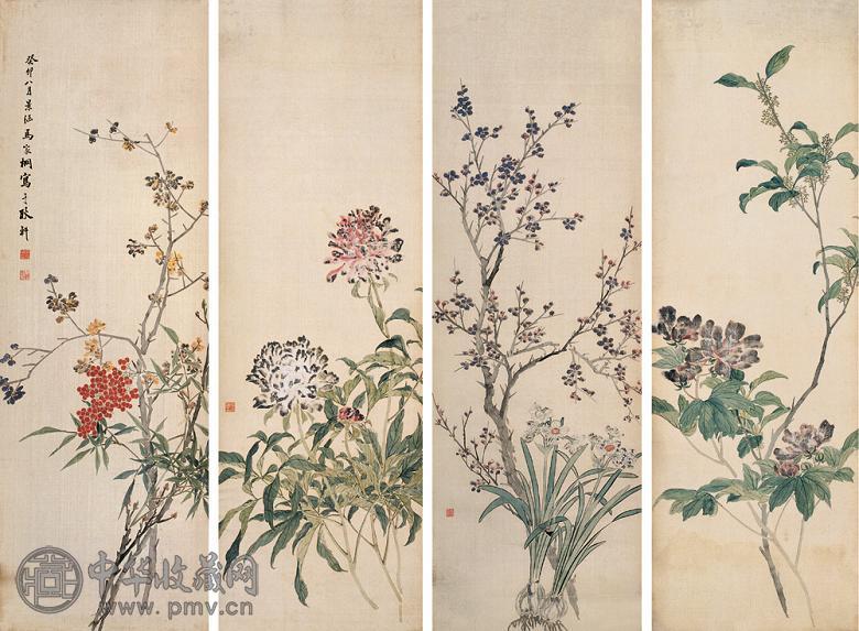 马家桐 癸卯(1903年)作 花卉 四屏 设色绢本