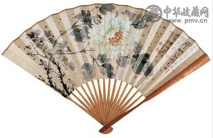 丁鸿甫 花卉 书法 扇面 洒金笺