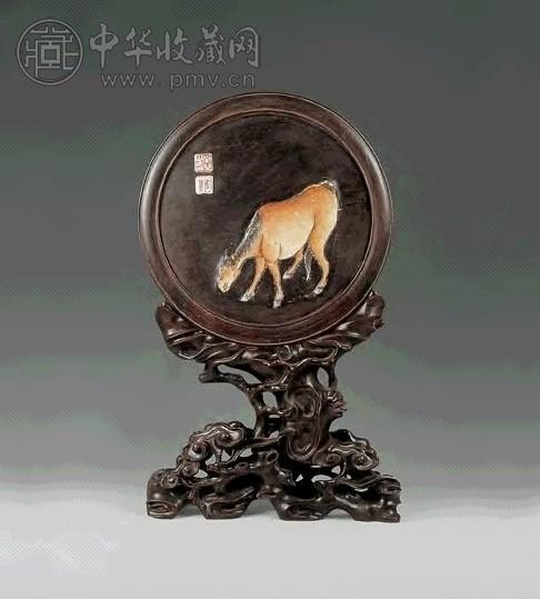 清 红木嵌马纹瓷片插屏