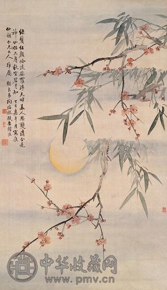 陶瑢 丁巳(1917年)作 碧月双清 立轴 设色绢本