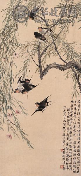 张天奇 1943年作 柳头闹春图 立轴 设色纸本