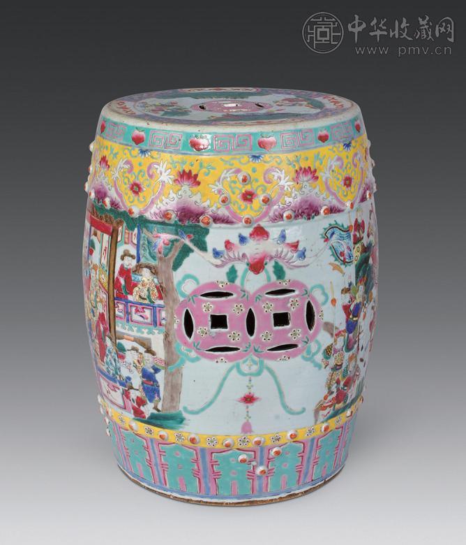 清 粉彩人物纹绣凳