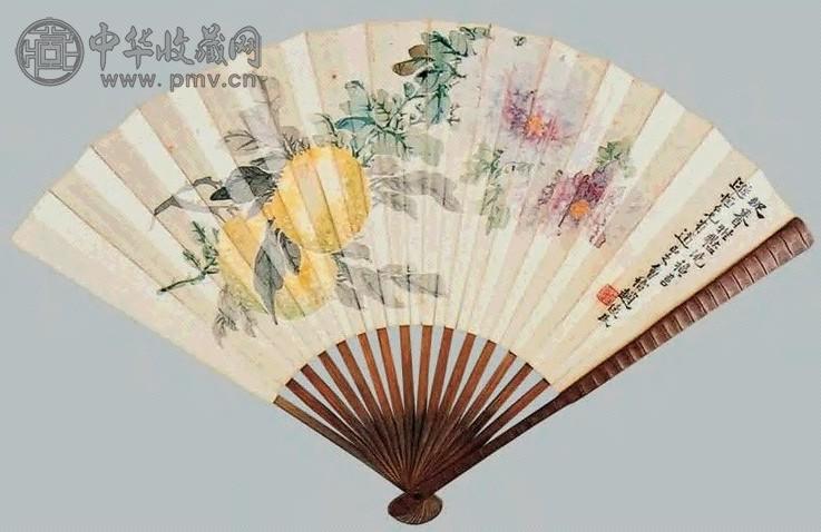 赵俊明 花果、书法 扇面 纸本