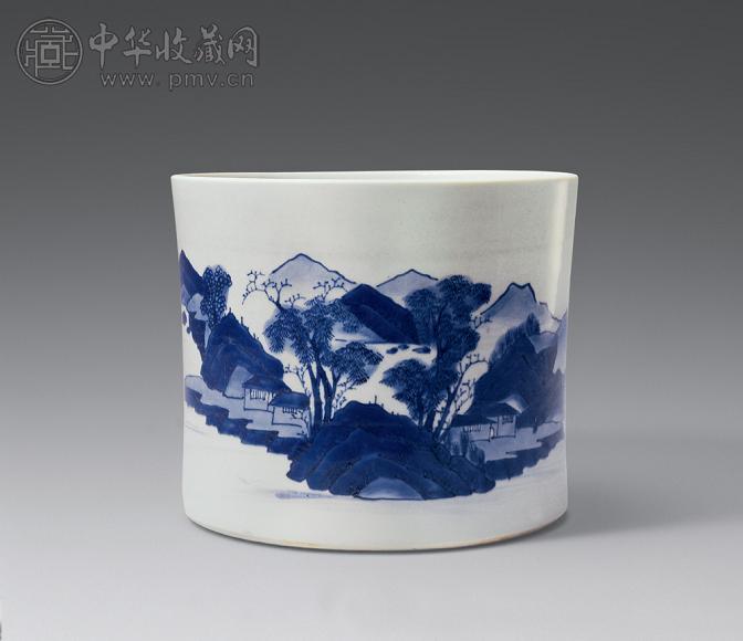 清康熙 青花山水人物图笔筒