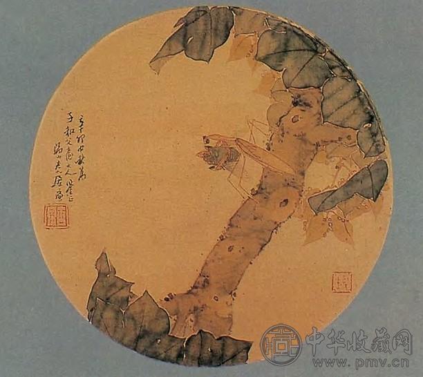 居廉 1891年作 螳螂捕蝉 扇面 设色绢本