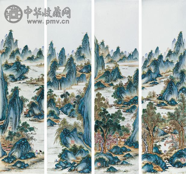 民国 粉彩山水瓷板(1套4块)
