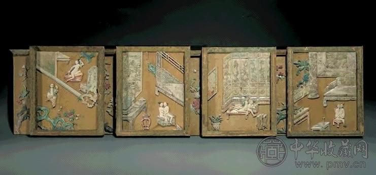 十八/十九世纪 寿山石贴绢春宫图挂屏 一组四幅