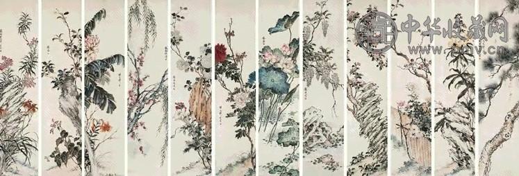 张兆祥 花卉 十二屏 设色纸本