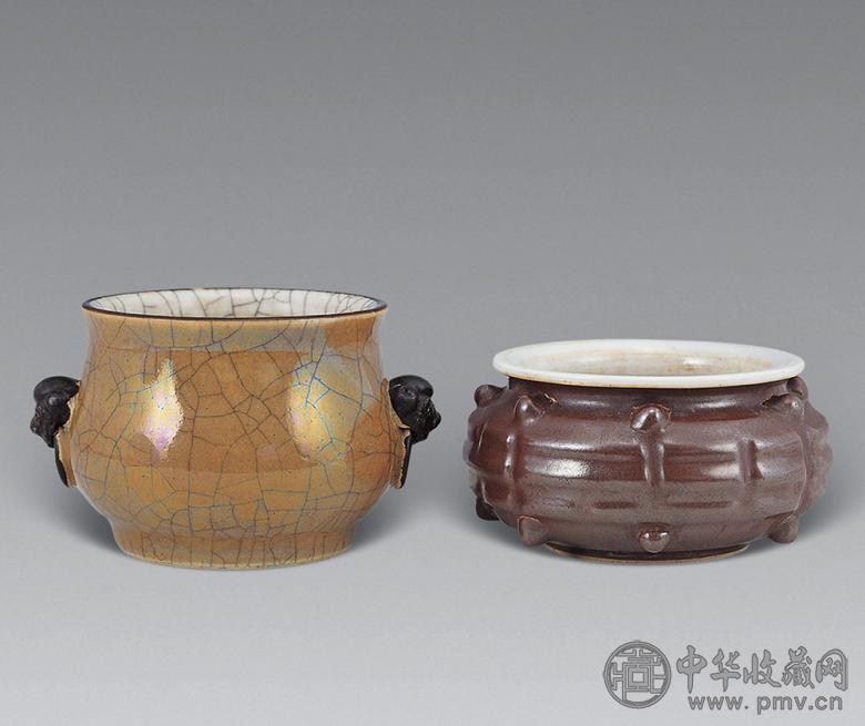 清 米黄哥釉双狮耳炉 铁棕釉八卦炉(2件)
