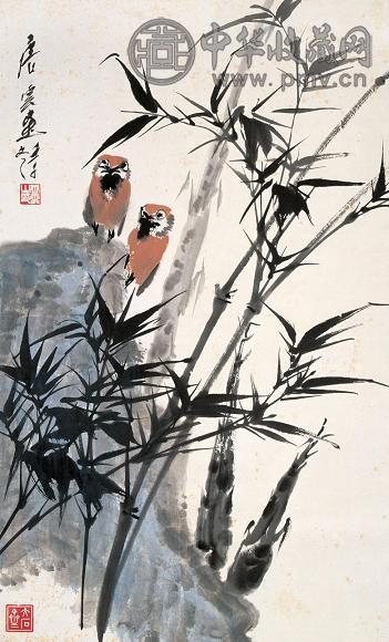 唐云 竹石双雀 立轴 纸本