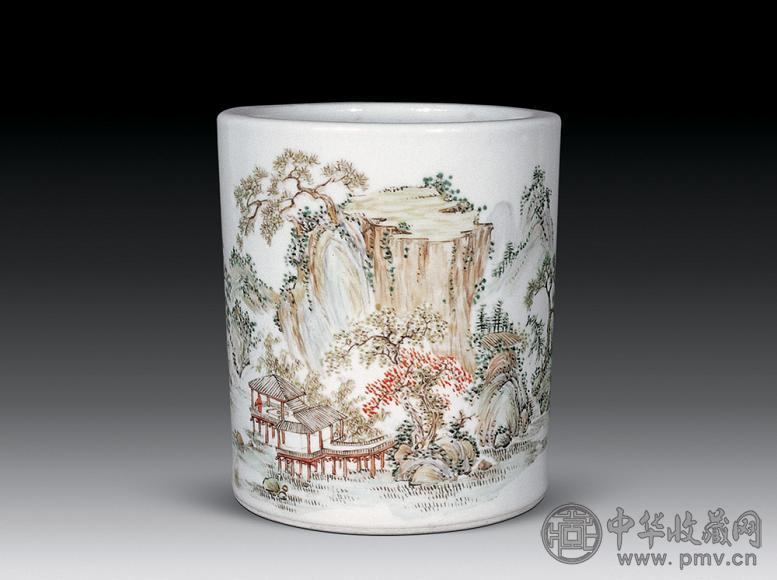 民国 浅绛彩山水笔筒