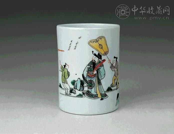 清光绪 五彩人物笔筒
