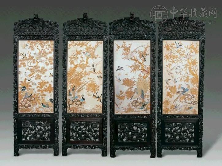 清同治 硬木龙纹框镶苏绣五伦图屏风(4扇)