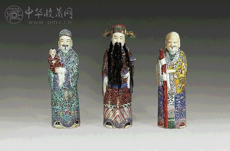 清同治 粉彩瓷塑福禄寿三星像