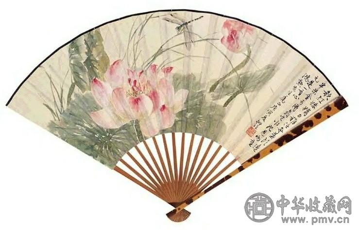 陆抑非 红荷蜻蜓图 隶书临汉碑 扇面 十六档 设色纸本