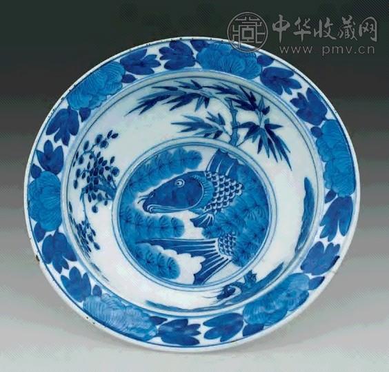 清道光 青花鲤鱼纹折沿洗