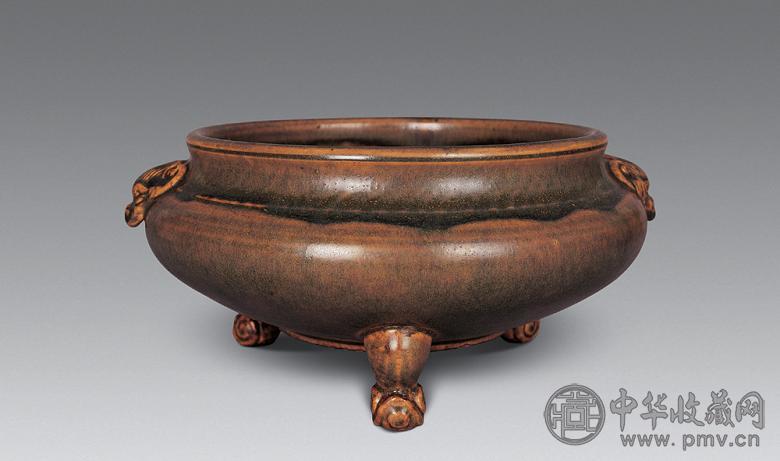 清中期 蟹甲青三足兽面炉