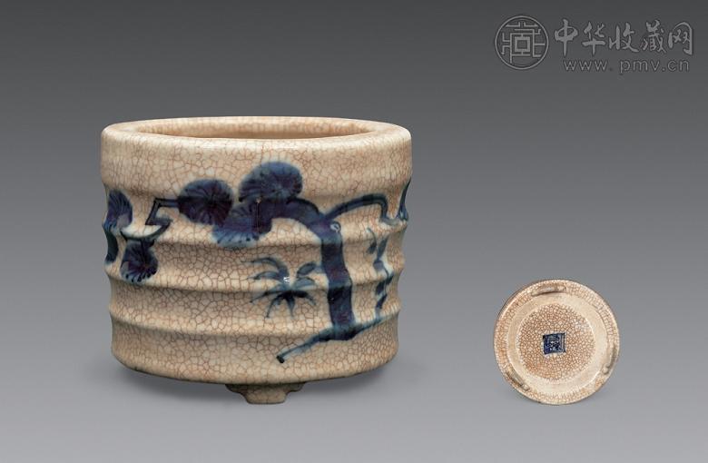 明万历 哥釉青花松鹤纹香炉