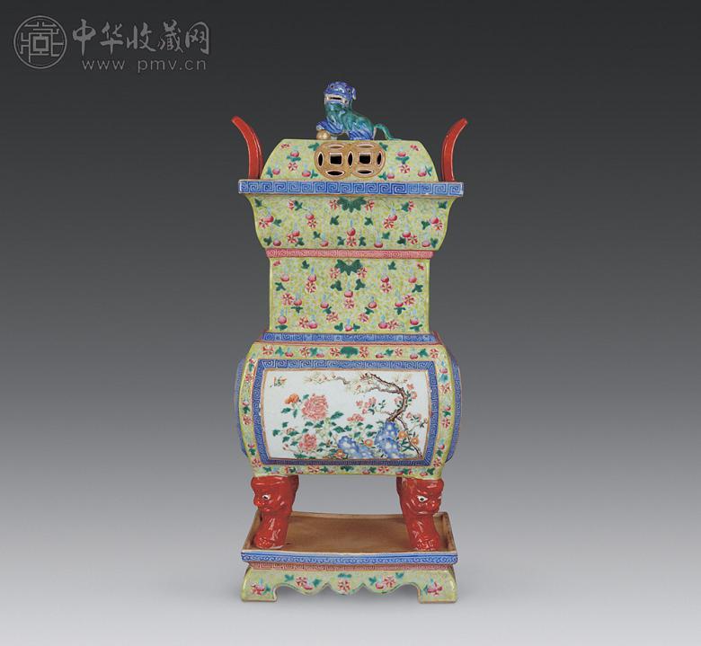 清同治 粉彩开光花卉大香炉