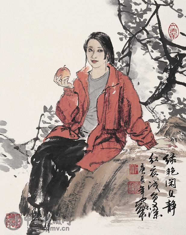 何家英 庚辰(2000年)作 红衣少女 镜心 设色纸本