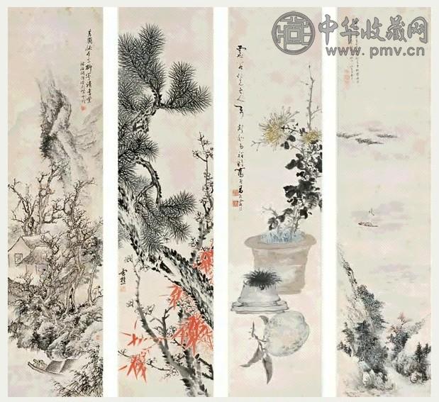 胡璋 花卉 四屏 设色纸本